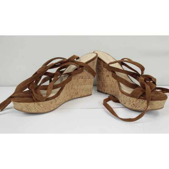 Guess Treacy Wedge Faux Suede Shoes Women 9 Platform Cork Heel Strappy Brown - Picture 2 of 12